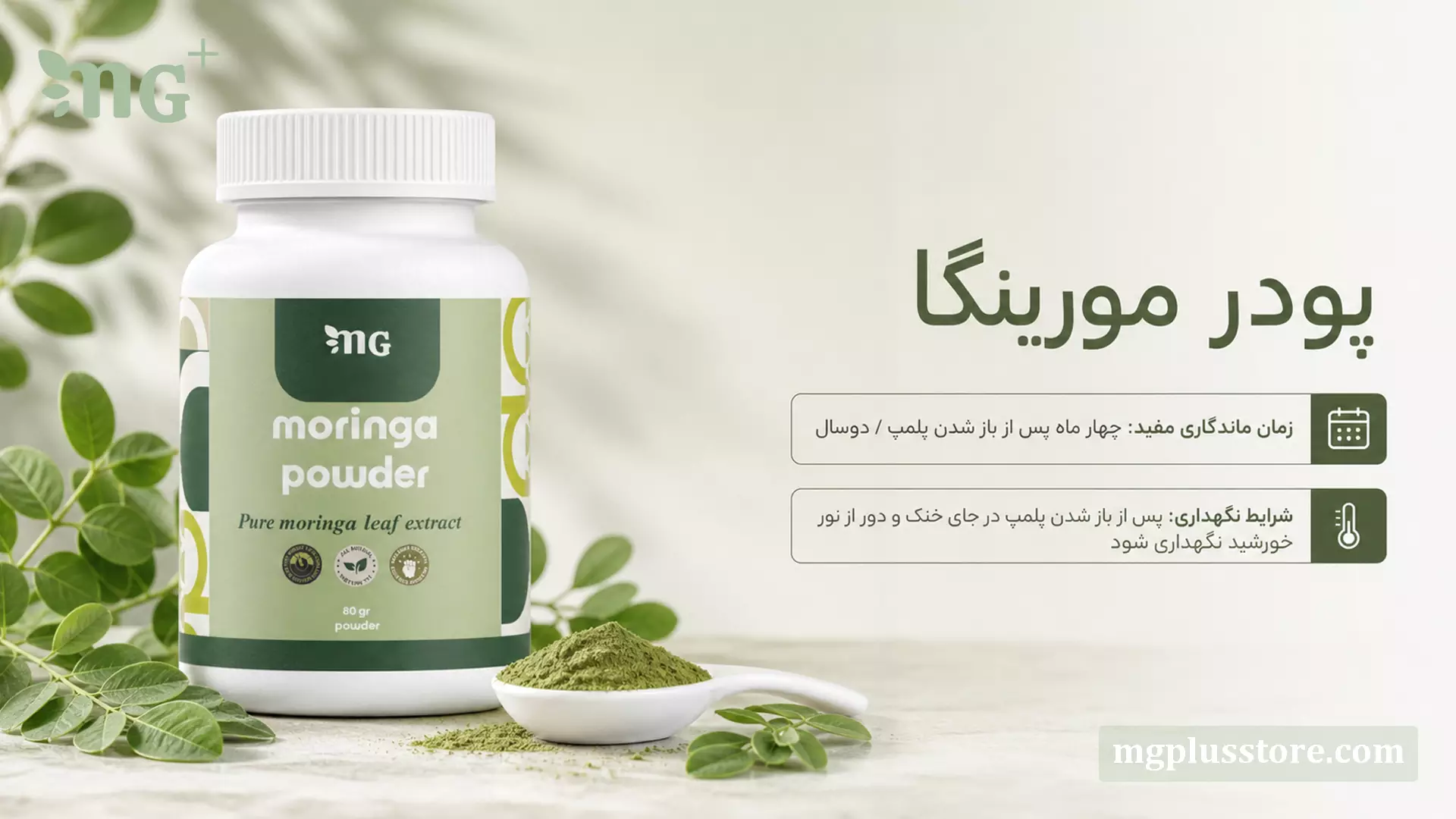 بنر راهنمای شرایط نگهداری و مدت زمان ماندگاری قوطی پودر برگ خالص مورینگا 80 گرمی ام جی پلاس در کنار قاشق پودر سبز و برگ گیاه