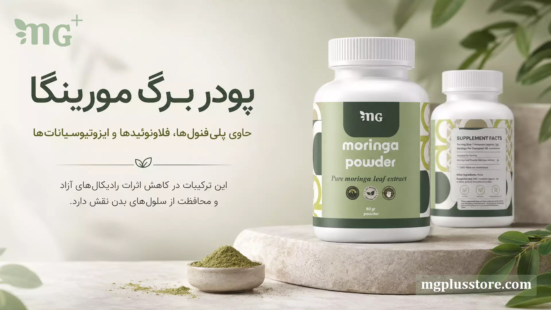 بنر معرفی پودر برگ مورینگا 80 گرمی ام جی پلاس با نمای جلو و پشت قوطی، پودر سبز مورینگا و توضیح ترکیبات پلیفنول، فلاونوئید و ایزوتیوسیانات