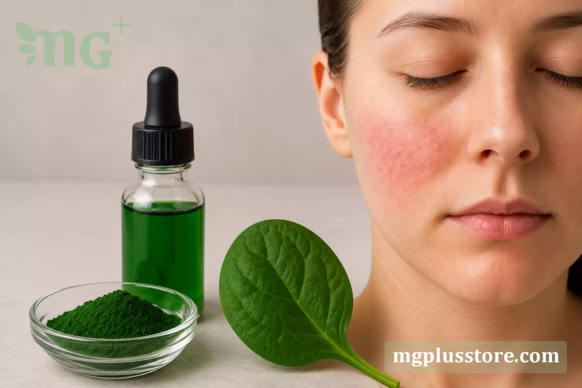قطره کلروفیل ام جی پلاس برای کاهش التهاب، قرمزی و تسکین پوست‌های حساس