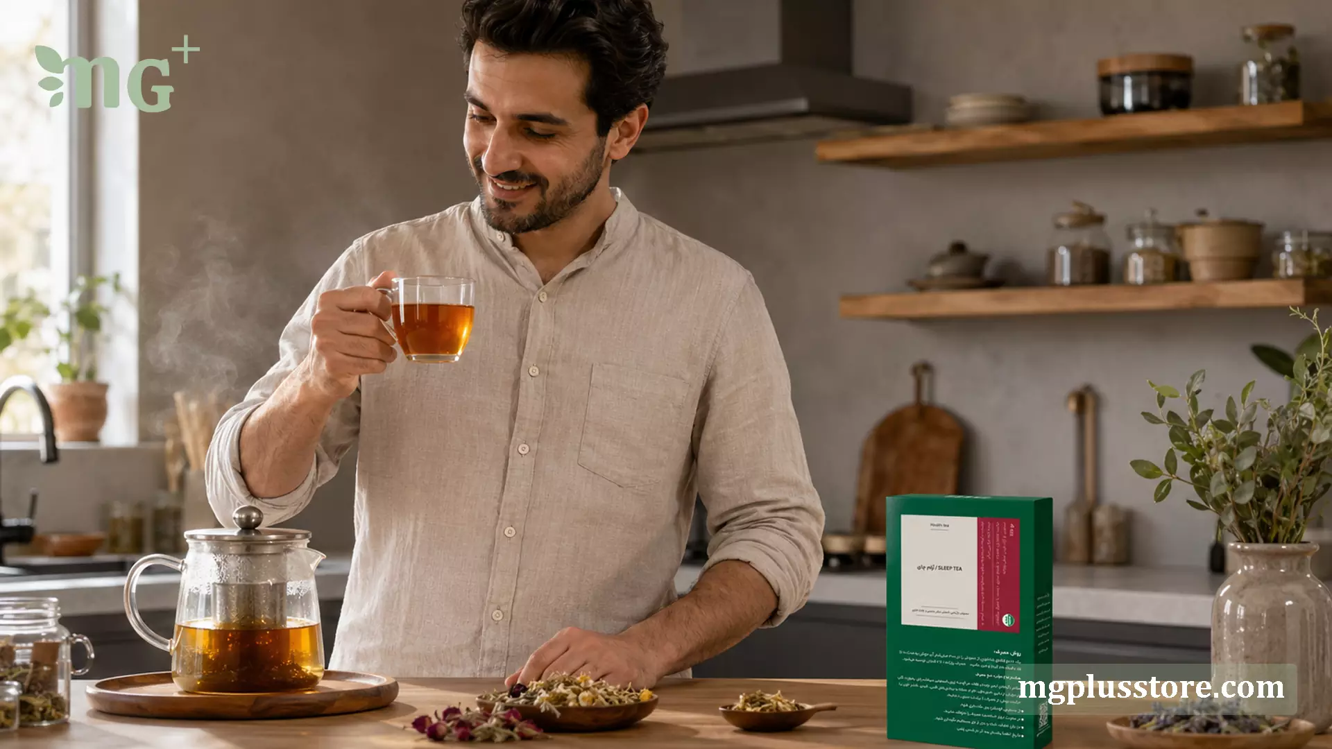 مردی در حال نوشیدن فنجان دمنوش آرام چای MG Plus در کنار قوری دمنوش و بسته بندی محصول در فضای آشپزخانه