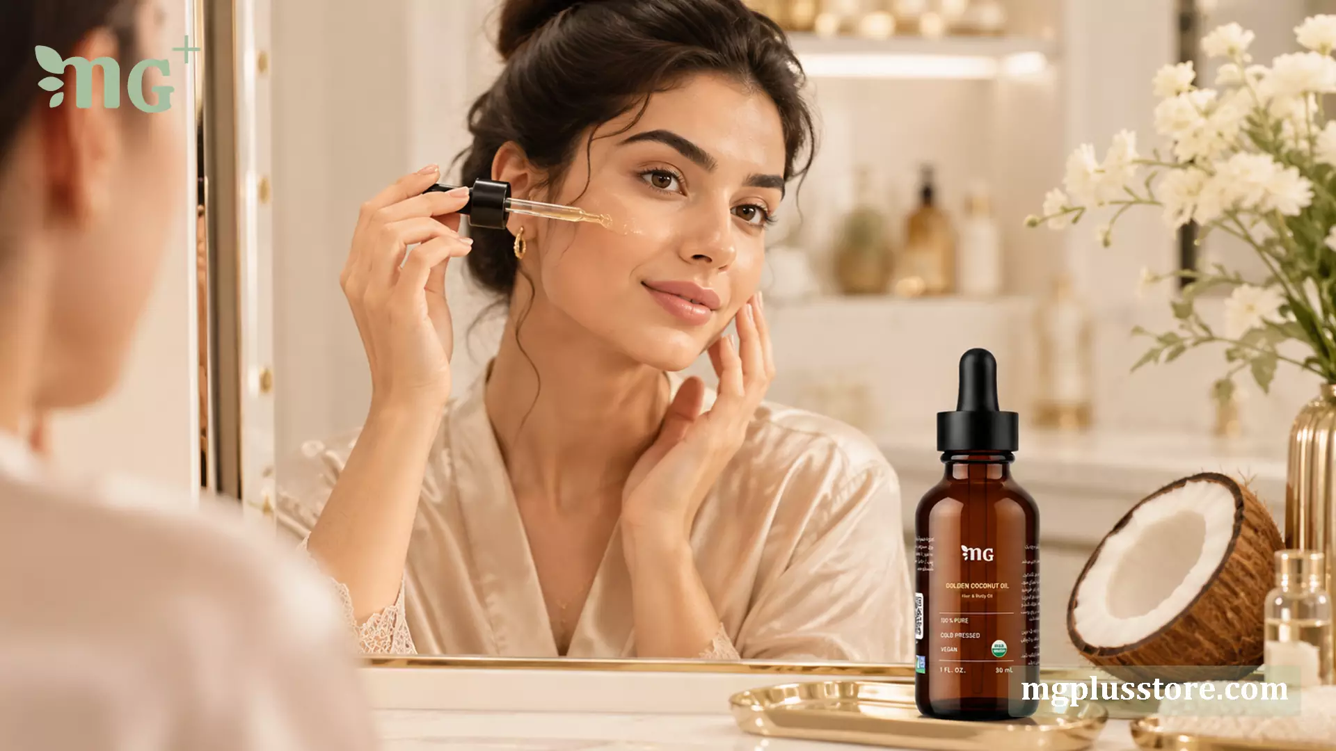 بانویی در حال استفاده از روغن نارگیل  MG Plus روی صورت مقابل آینه