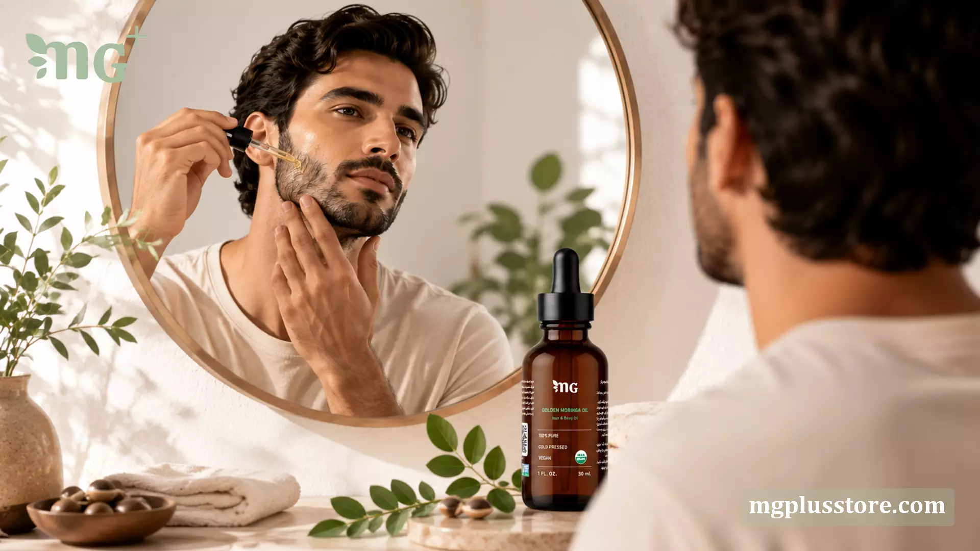 مردی در مقابل آینه در حال استفاده از روغن مورینگا MG Plus روی ریش