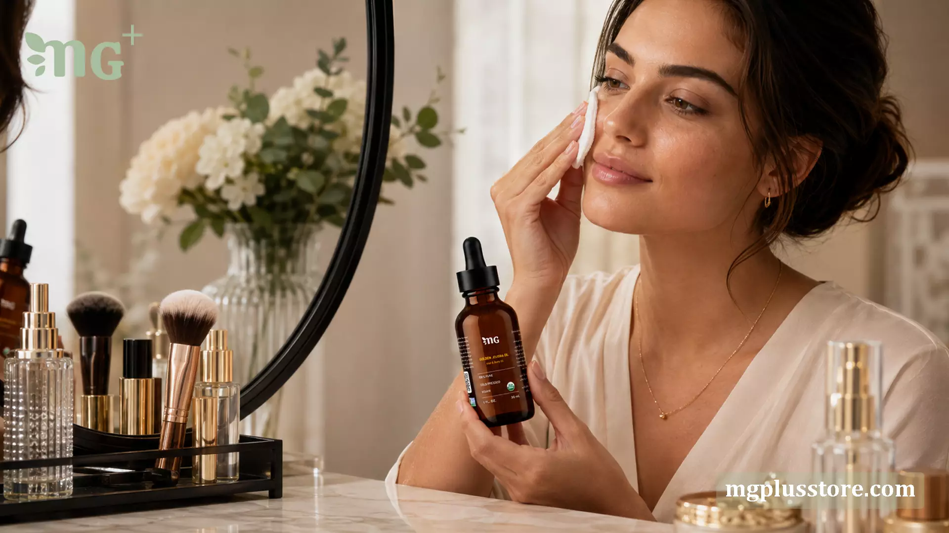 بانویی در مقابل آینه با پد پاککننده و بطری ۳۰ میلیلیتری روغن جوجوبا MG Plus