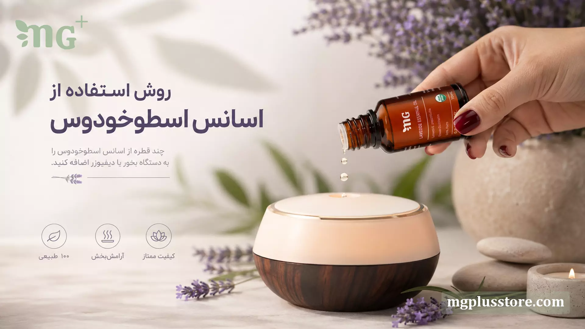 روش استفاده از اسانس اسطوخودوس MG Plus در دیفیوزر؛ ریختن چند قطره اسانس لاوندر در دستگاه بخور برای رایحهدرمانی و خوشبو کردن فضا