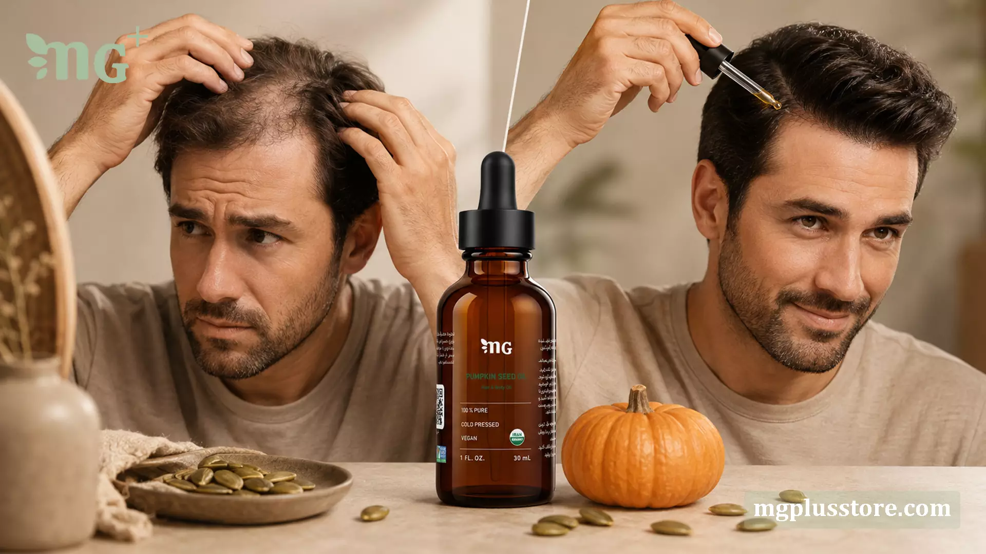 بطری روغن تخم کدو MG Plus در مرکز تصویر با نمای قبل و بعد از استفاده روی مو و پوست سر، کنار کدو کامل و دانه‌های تخم کدو