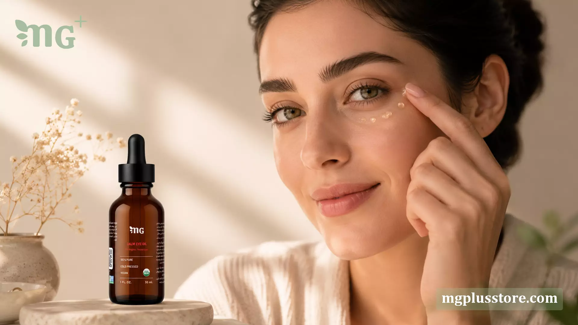 بطری روغن ترکیبی دور چشم MG Plus در کنار خانمی که محصول را به ناحیه زیر چشم خود میزند در بنر معرفی محصول