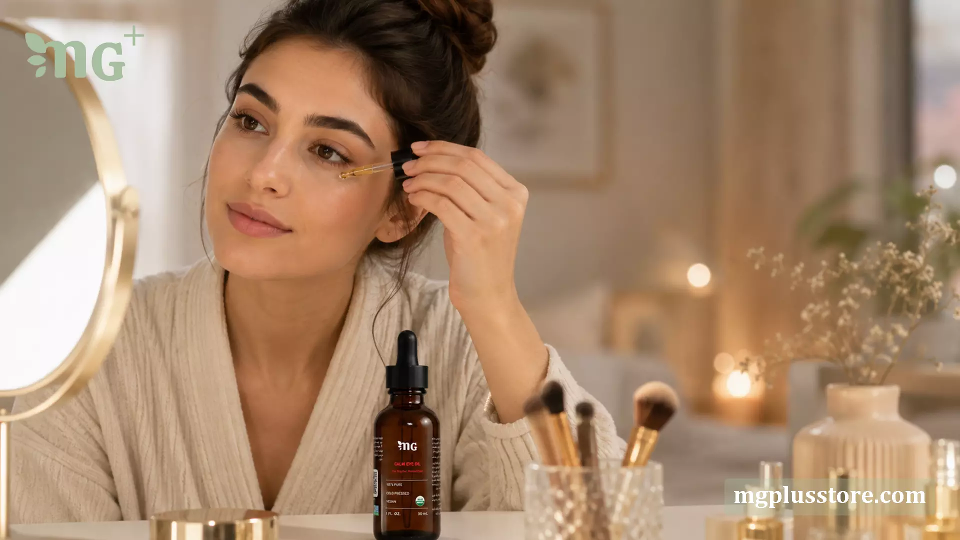 خانمی در حال استفاده از قطرهچکان روغن ترکیبی دور چشم MG Plus زیر چشم خود مقابل آینه با بطری محصول روی میز
