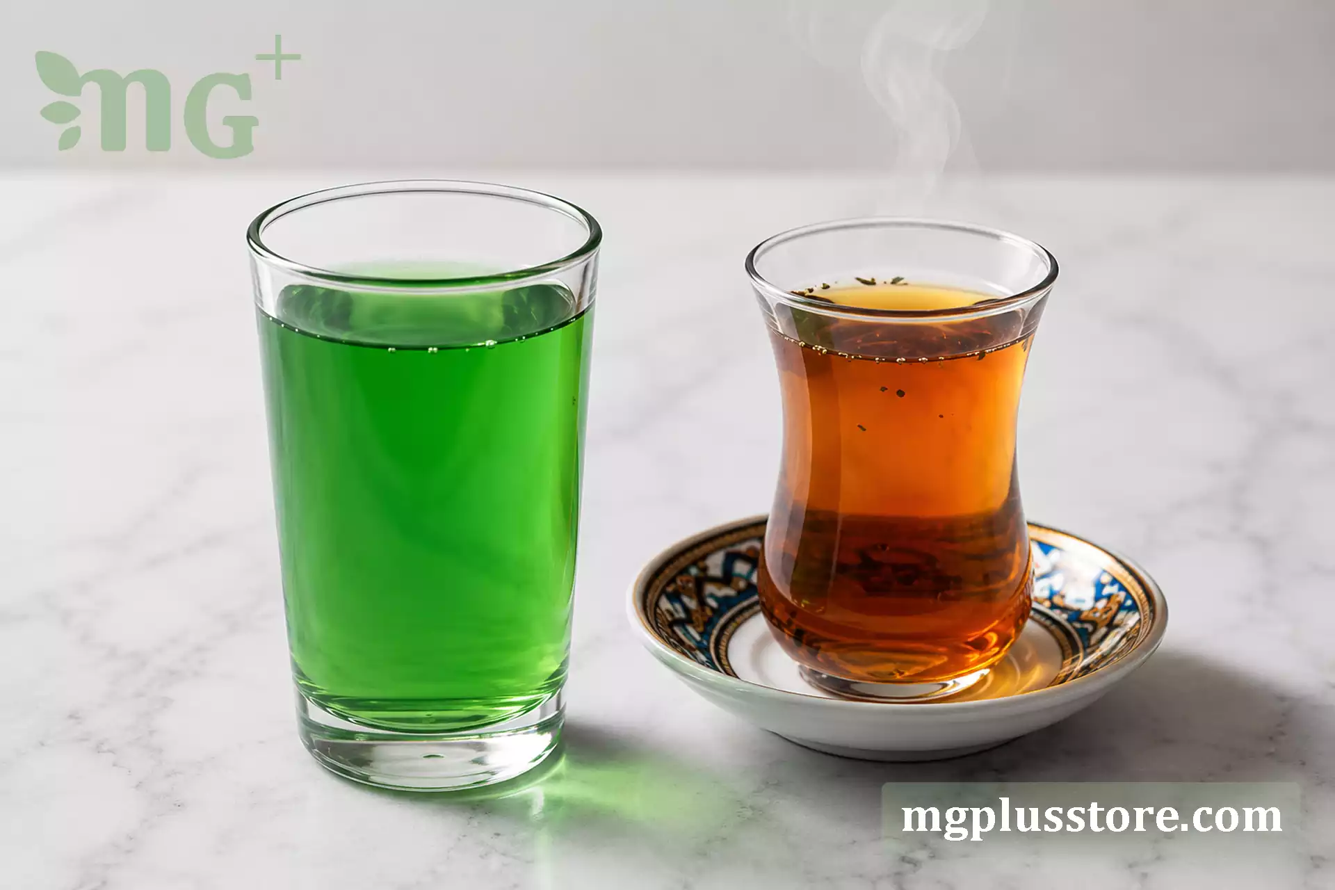 بطری کلروفیل مایع ام جی پلاس در کنار دمنوش‌های گیاهی سنتی؛ مقایسه علمی برای انتخاب بهترین مکمل لاغری طبیعی و مدرن.
