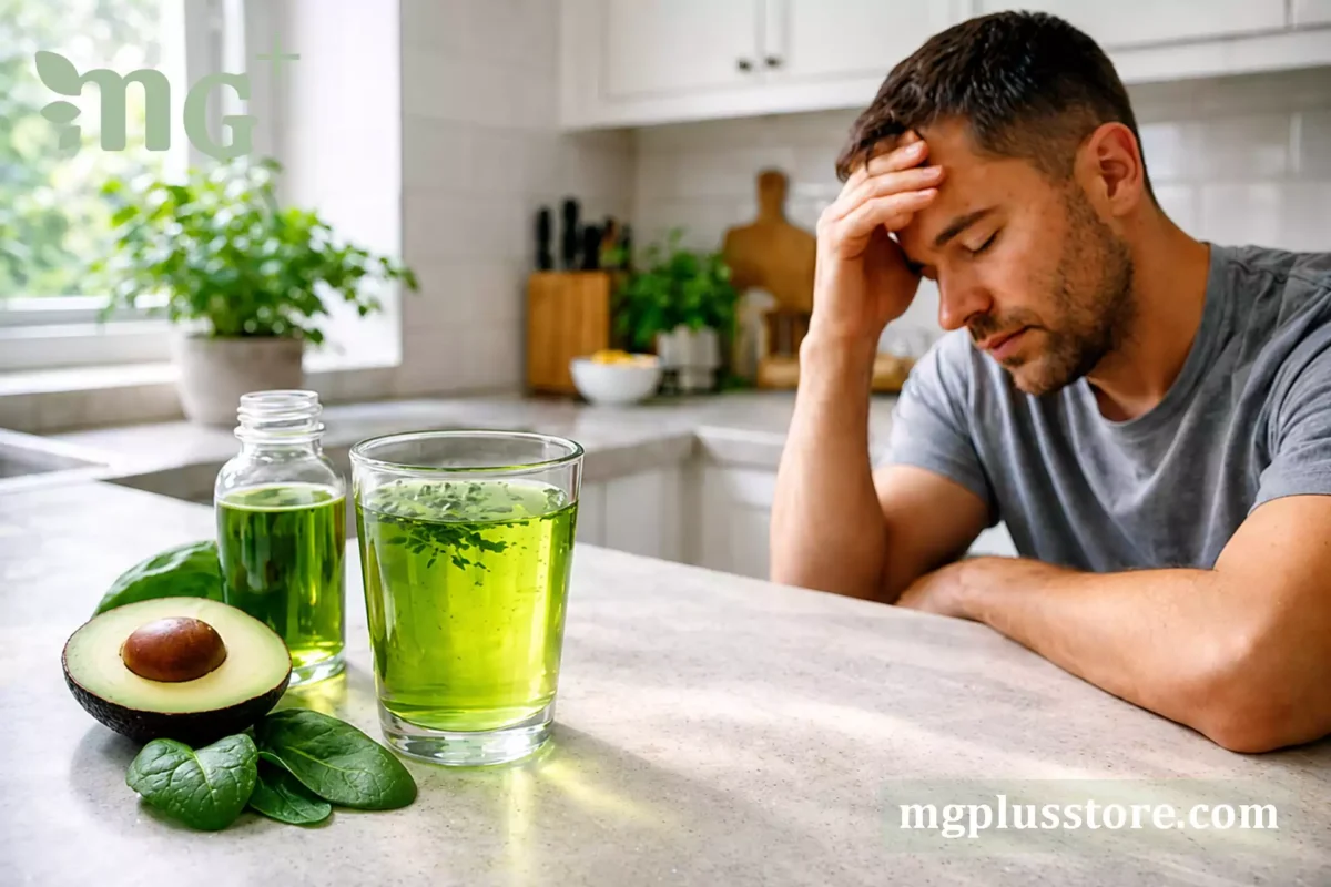 بطری کلروفیل مایع ام جی پلاس در کنار المان‌های انرژی و تندرستی؛ نمادی از کمک به کاهش خستگی مزمن و افزایش شادابی روزانه.