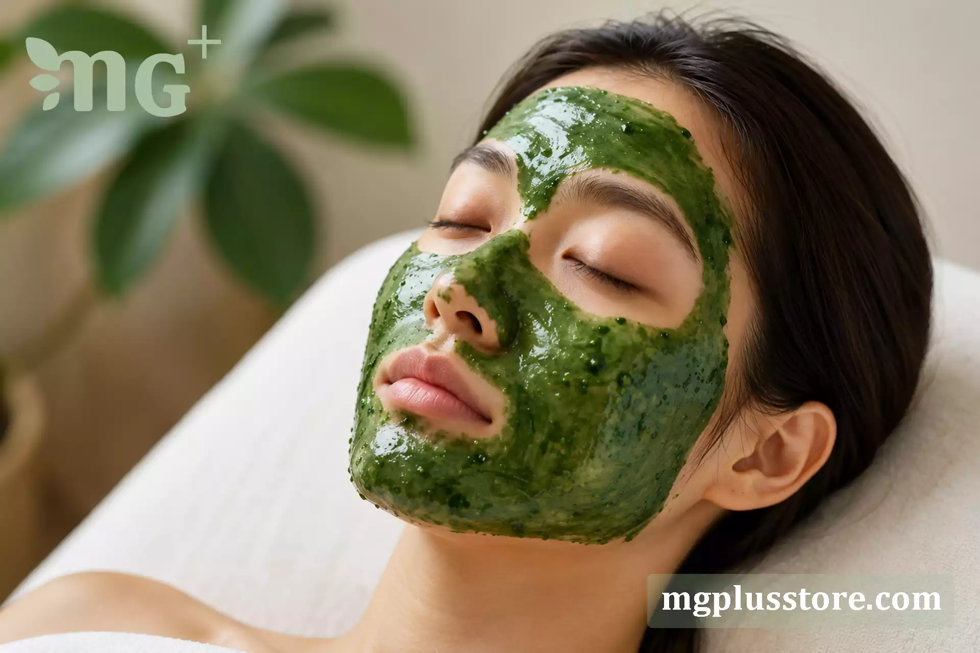 استفاده از ماسک صورت حاوی کلروفیل مایع ام جی پلاس برای آبرسانی و طراوت؛ نماد روتین زیبایی طبیعی و درخشش پوست.
