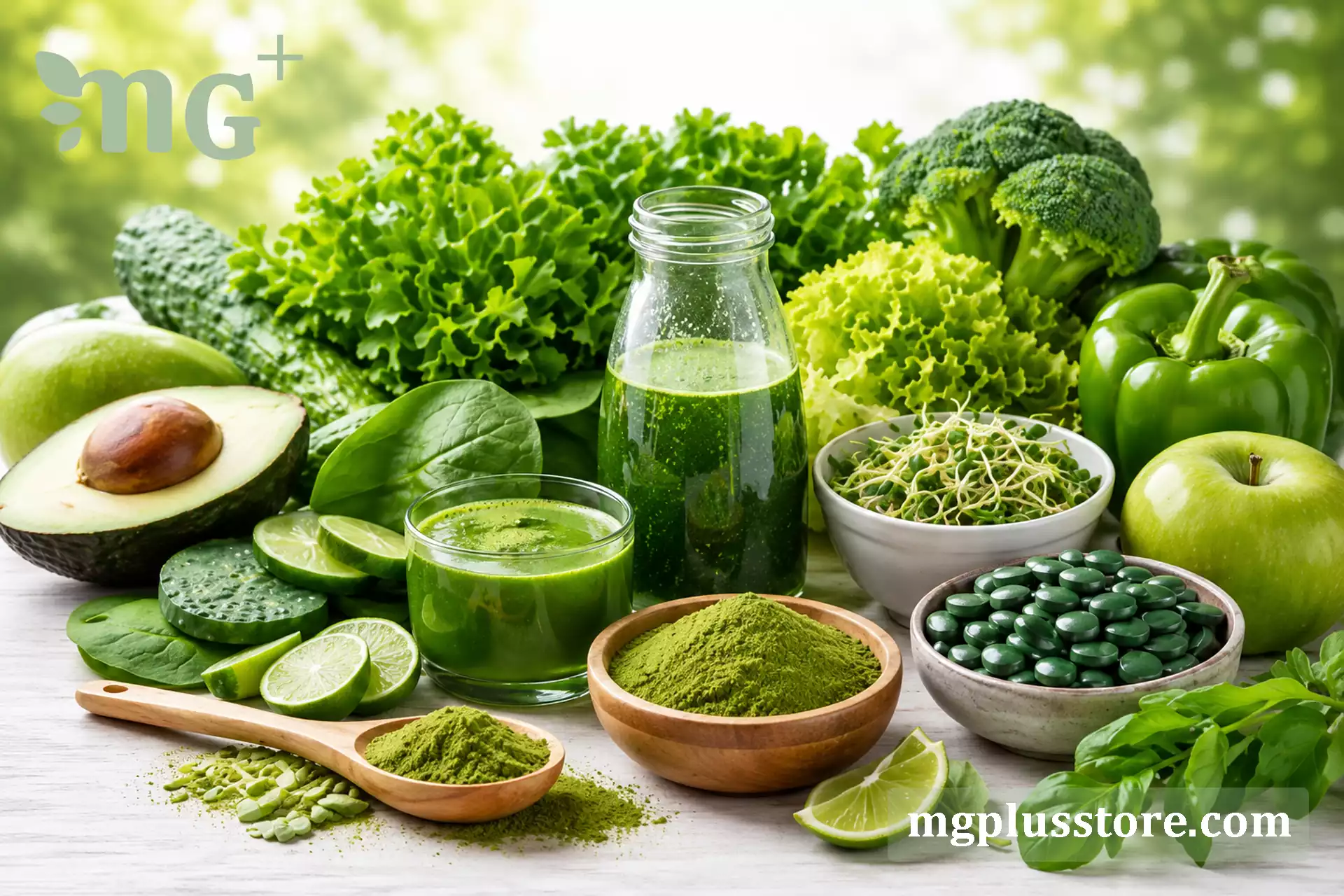 بطری کلروفیل مایع ام جی پلاس در کنار سبزیجات تازه و یک وعده غذایی گیاهی؛ نماد تامین‌کننده مغذی و طبیعی برای تکمیل رژیم‌های وگان و گیاه‌خواری.
