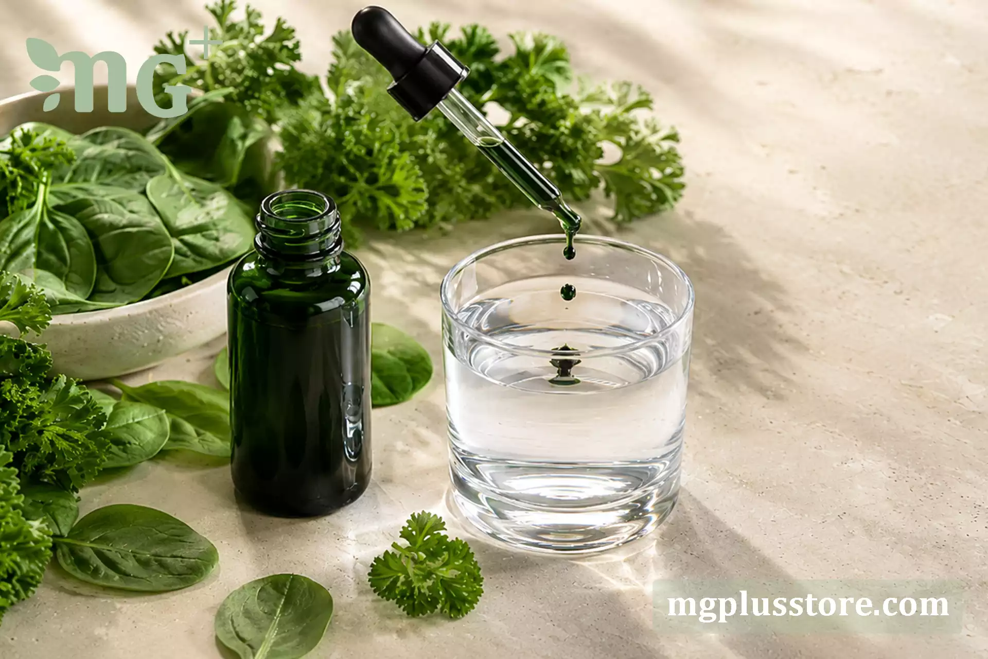 بطری کلروفیل مایع کنار لیوان آب شفاف و برگ‌های تازه روی زمینه روشن و مینیمال