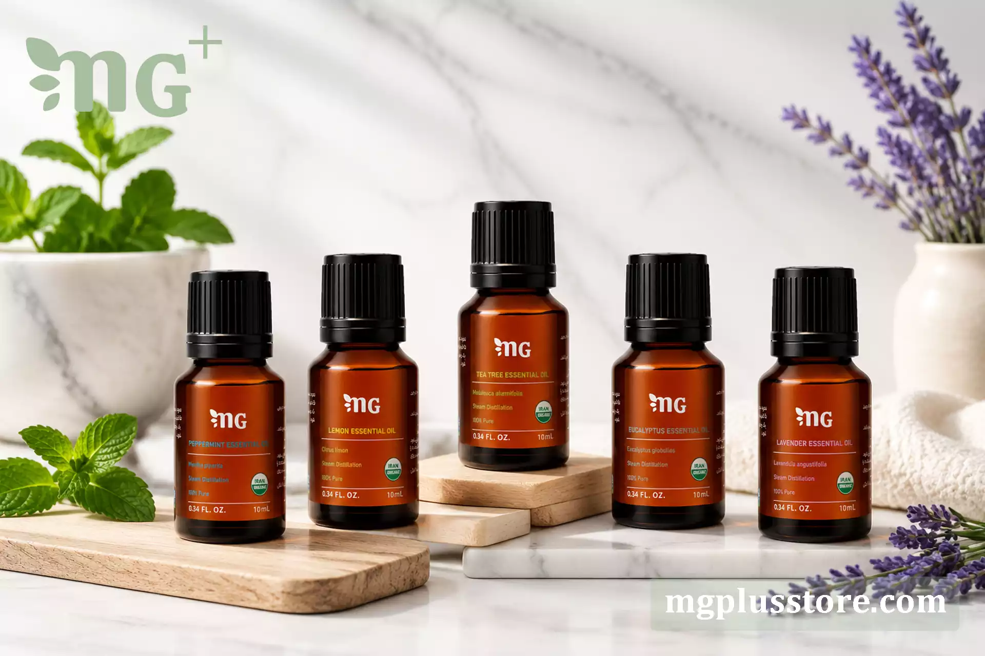 مجموعه اسانس های درمانی و ارگانیک ام جی پلاس شامل عصاره خالص اسطوخودوس، اکالیپتوس، درخت چای، لیمو و نعناع فلفلی