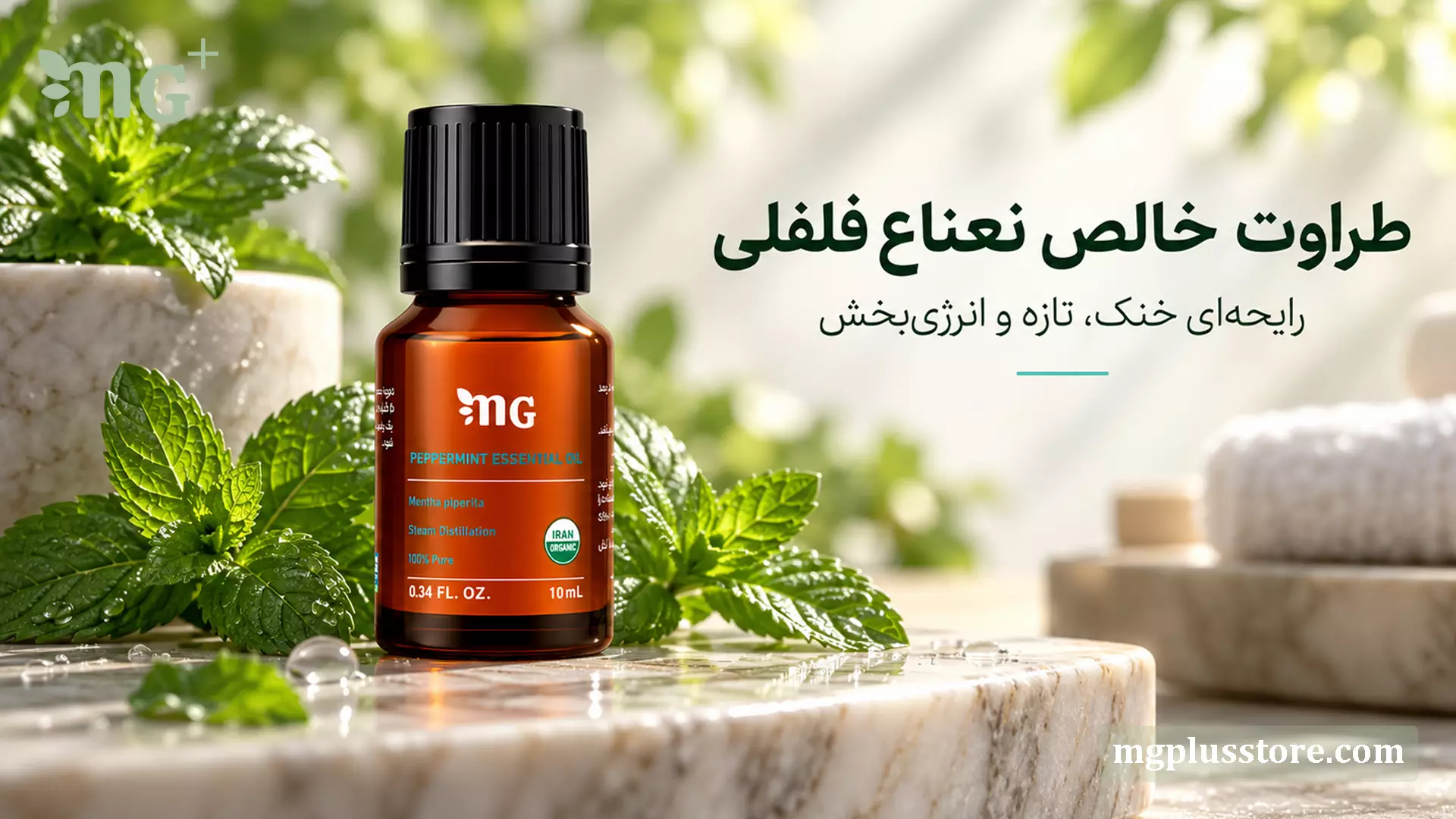 شیشه اسانس گیاهی نعناع فلفلی خالص ام جی پلاس در کنار برگ‌های تازه نعناع؛ محصولی با رایحه خنک، تازه و انرژی‌بخش برای طراوت خالص.
