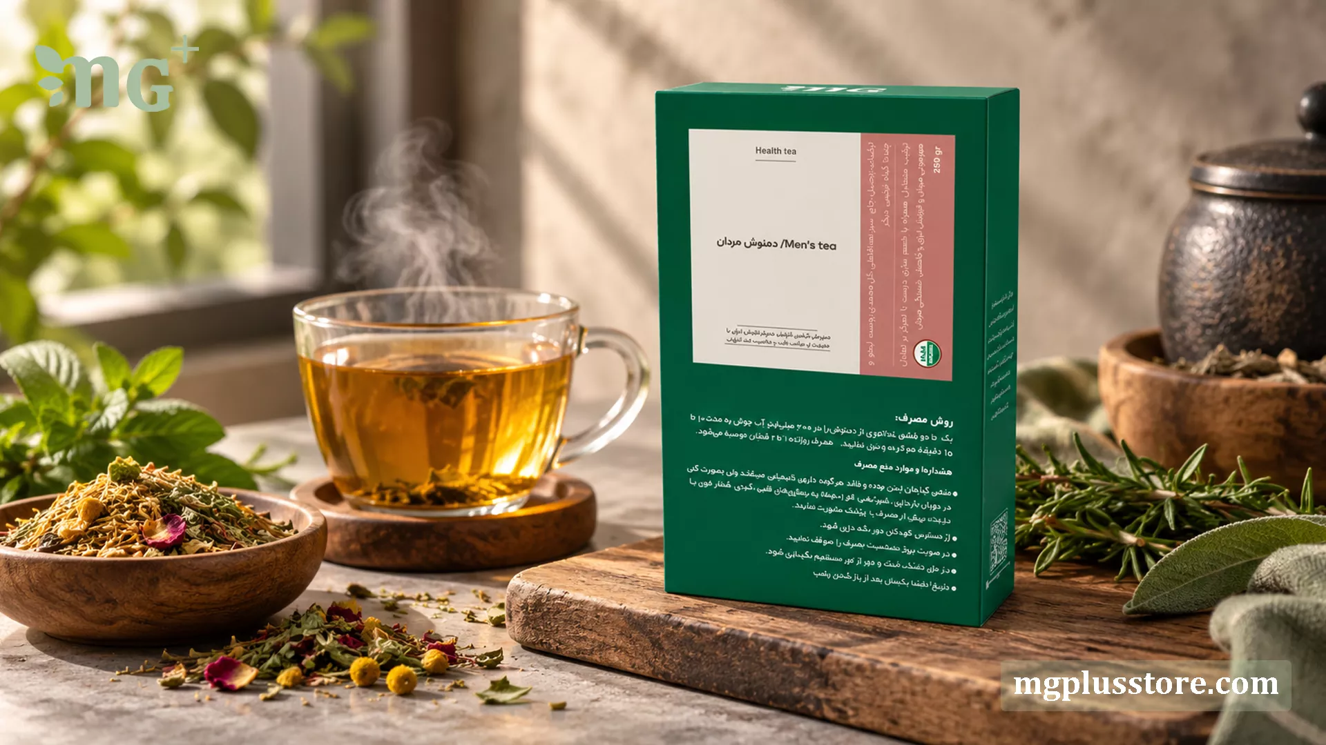 بستهبندی دمنوش گیاهی ترکیبی مردان امجیپلاس؛ دمنوش شفابخش تخصصی آقایان همراه با فنجان و گیاهان دارویی در محیطی آرام