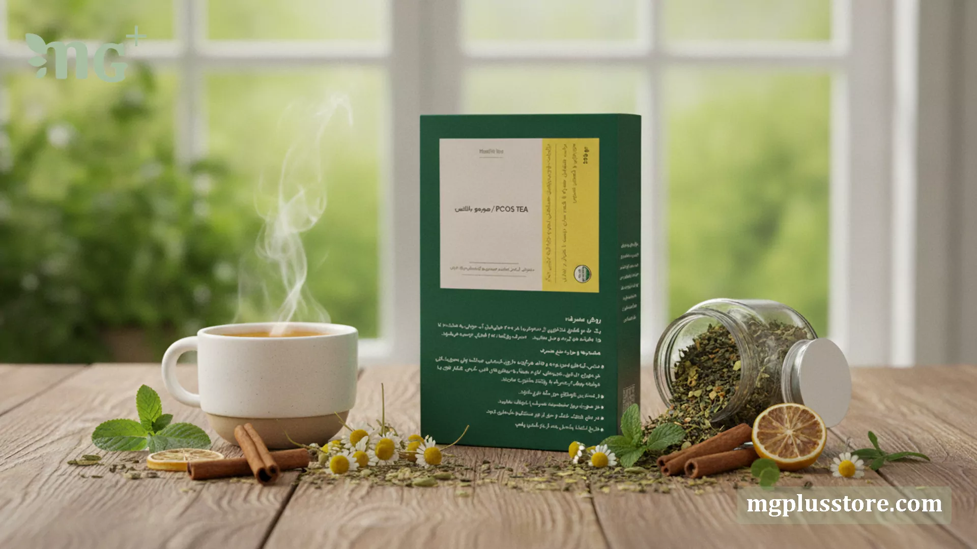 بسته و فنجان دمنوش روزانه هورموبالانس ام جی پلاس به همراه دارچین، بابونه و گیاهان دارویی شفابخش روی میز چوبی
