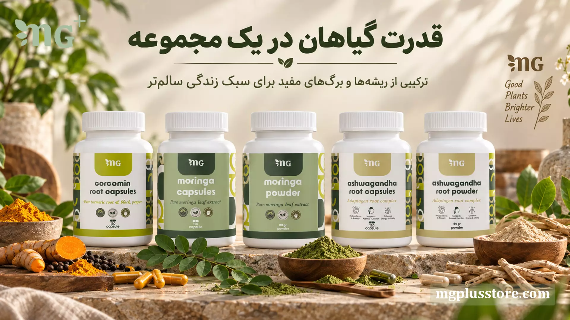 مجموعه انواع کپسول گیاهی ام جی پلاس شامل کپسول مورینگا، کپسول کورکومین و کپسول آشواگاندا برای سبک زندگی سالم