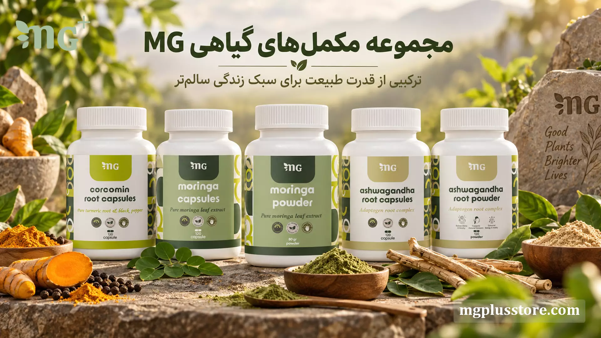 مجموعه مکمل گیاهی ام جی پلاس شامل کپسول و پودر مورینگا، پودر و کپسول آشواگاندا و کپسول کورکومین زردچوبه ارگانیک
