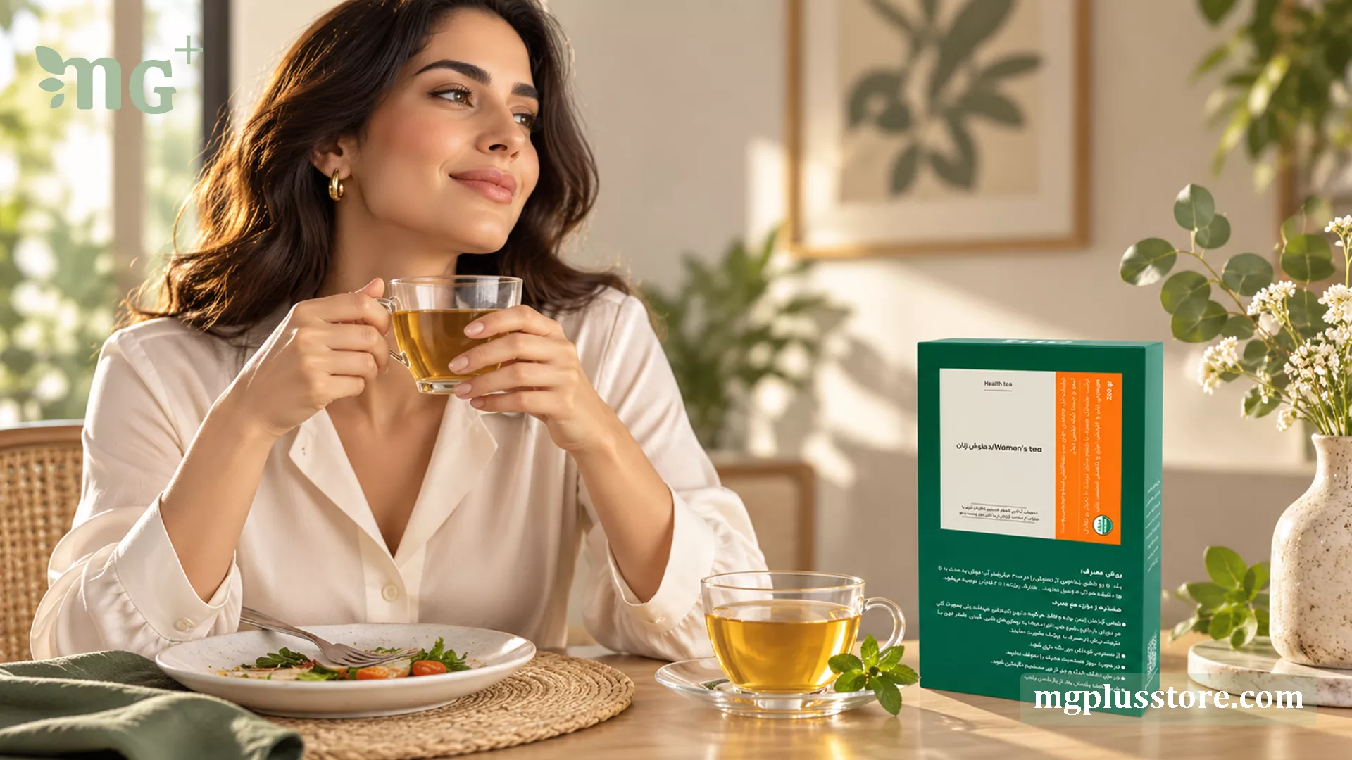 بانوی شاداب در حال نوشیدن دمنوش گیاهی ترکیبی زنان ام جی پلاس در کنار وعده غذایی سالم، جهت تقویت انرژی و سلامت بانوان