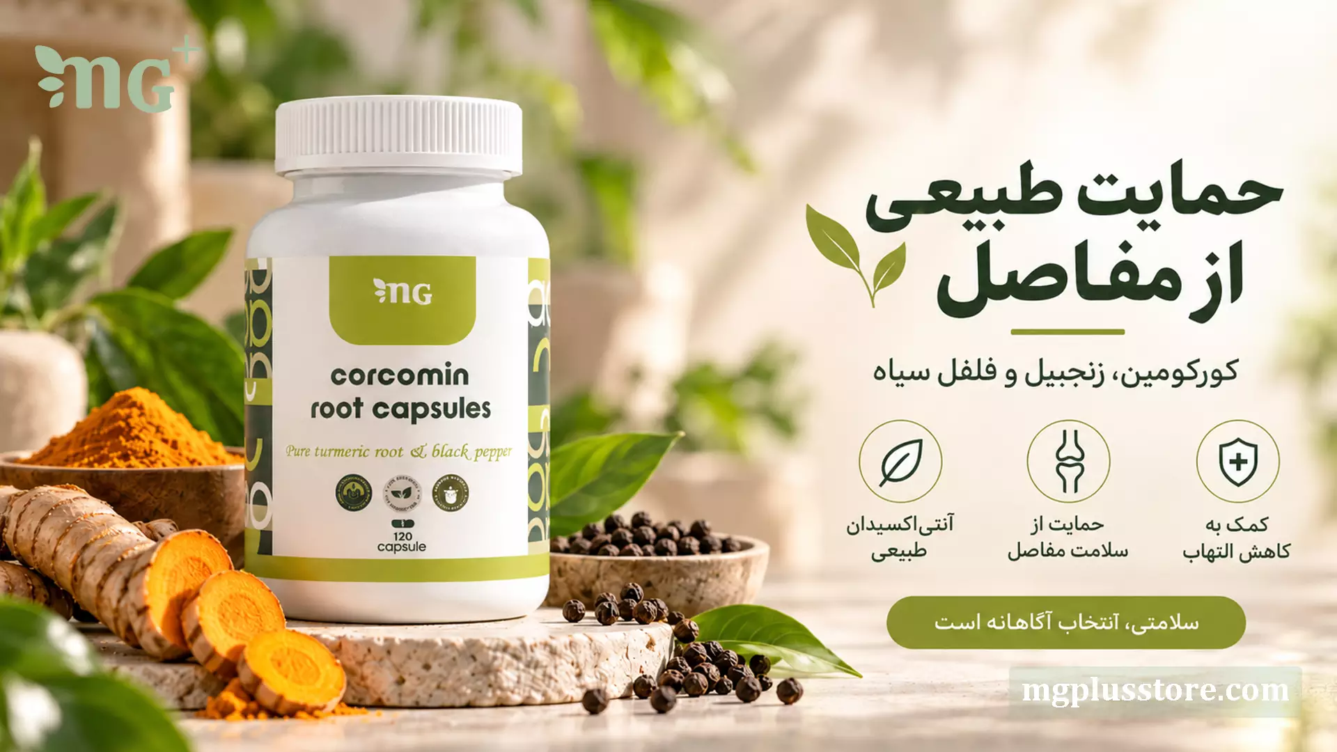 کپسول کورکومین امجیپلاس حاوی زنجبیل و فلفل سیاه برای تسکین درد مفاصل، کاهش التهاب و آنتیاکسیدان طبیعی