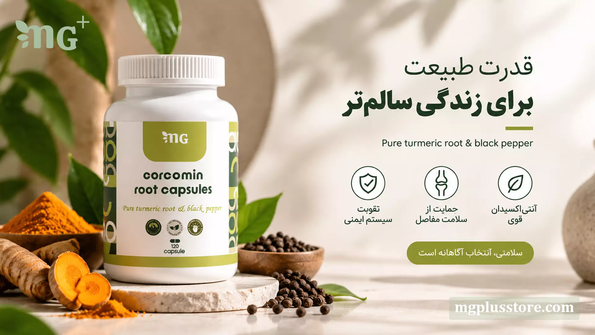 کپسول کورکومین ام‌جی‌پلاس حاوی ریشه زردچوبه خالص و فلفل سیاه برای تقویت سیستم ایمنی، آنتی‌اکسیدان قوی و سلامت مفاصل