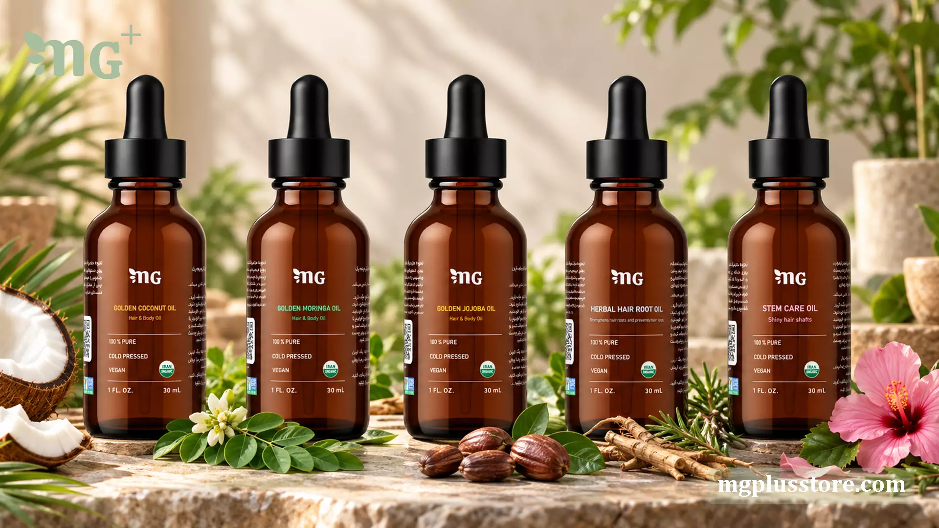 پکیج تخصصی روغن های مراقبت مو ام جی پلاس شامل روغن نارگیل، روغن مورینگا، روغن جوجوبا، روغن ترکیبی تقویت ریشه مو ضد ریزش و روغن تقویت ساقه مو درخشان کننده ۱۰۰ درصد خالص و پرس سرد